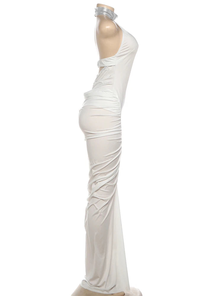 Elegant Backless Halter Ruched Long Dress With Striped Detailing