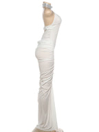 Elegant Backless Halter Ruched Long Dress With Striped Detailing