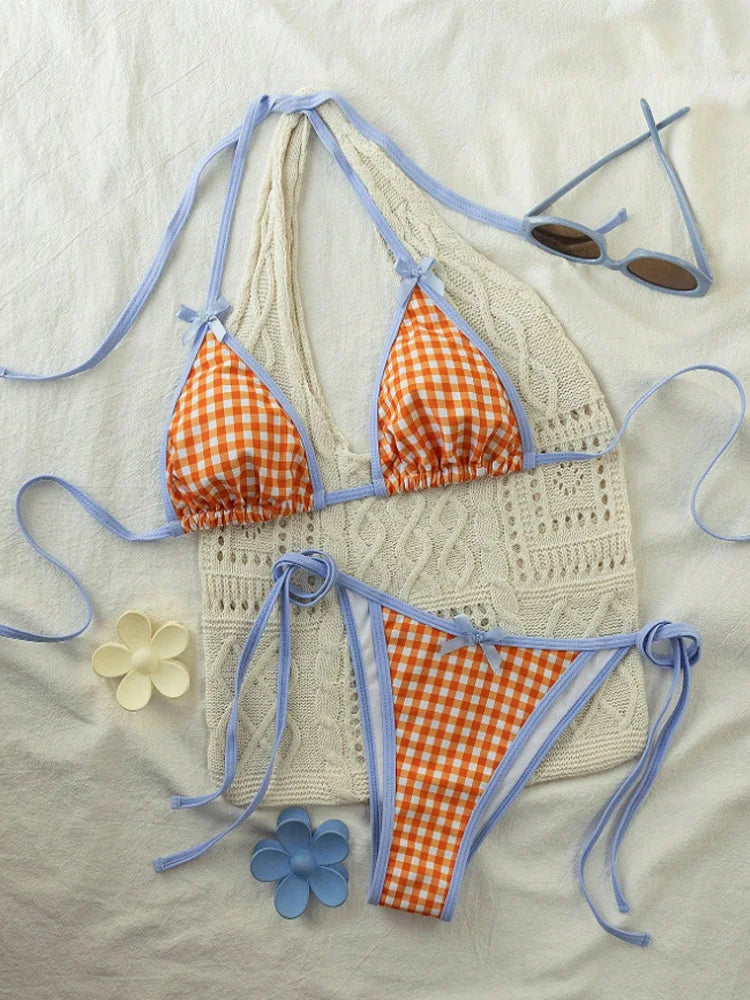 Plaid Lace-Up Bikini Set for Women Sexy Beach Swimwear