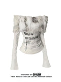 Lux Fur Graphic Long Sleeve Top With Off Shoulder Detail Vintage Inspired White Tee