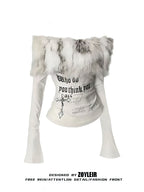 Lux Fur Graphic Long Sleeve Top With Off Shoulder Detail Vintage Inspired White Tee