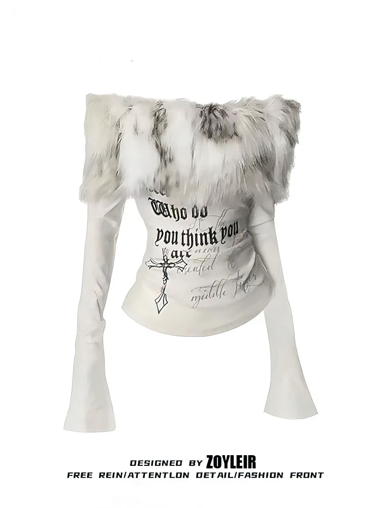 Lux Fur Graphic Long Sleeve Top With Off Shoulder Detail Vintage Inspired White Tee