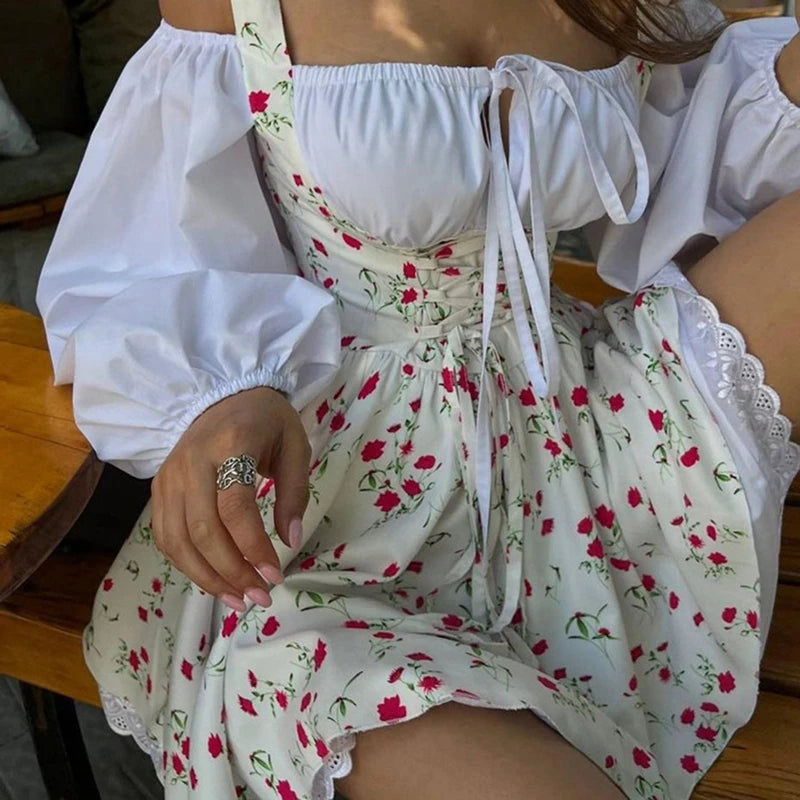 Floral Patchwork Mini Dress With Off Shoulder Square Collar Two Piece Look A Line