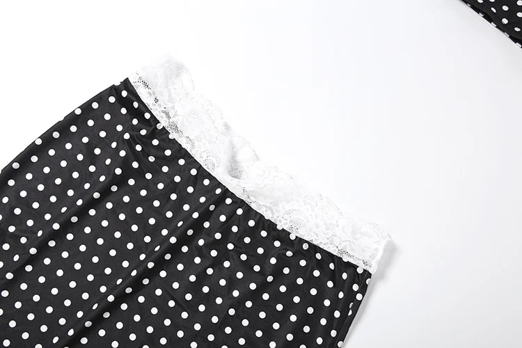 Black Lace Patchwork Two Piece Set With Backless Tube Top And Polka Dot Skirt