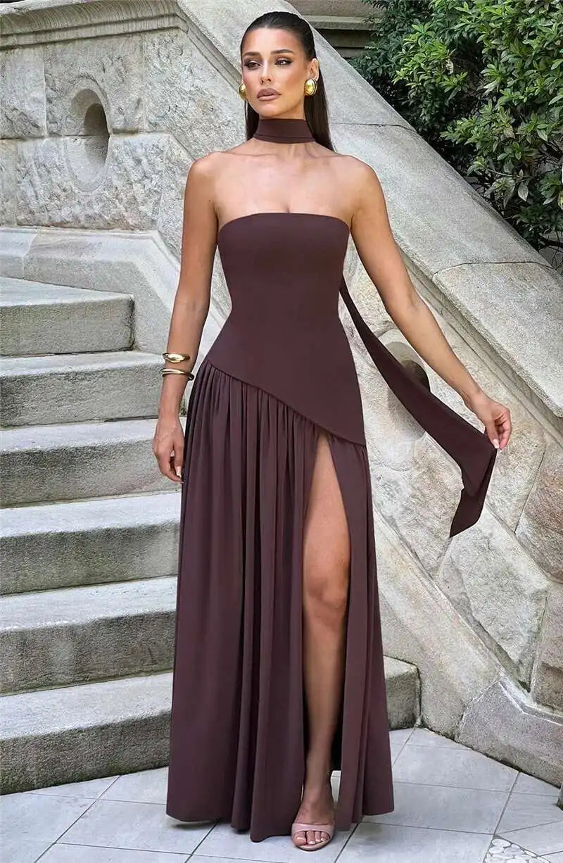 Elegant Off-Shoulder Evening Gown With Patchwork Pleats And Scarf Neck High Split Long Dress