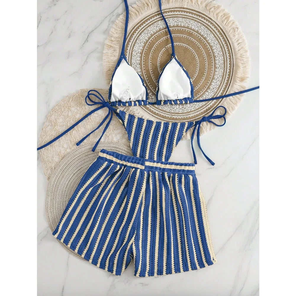 Retro Striped 3 Pieces Knitted Mesh String Bikini Set Swimsuit