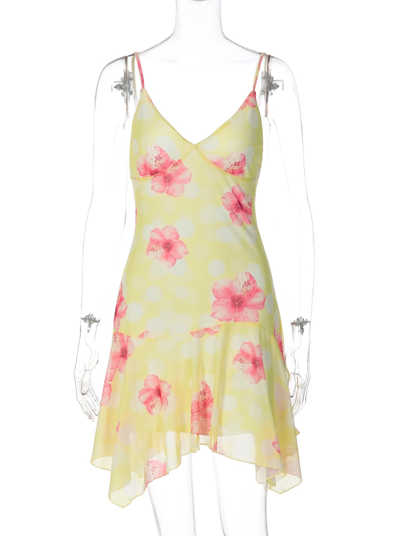 Fashion Floral Print V Neck Backless Sexy Ruffles Irregular Mini Dress