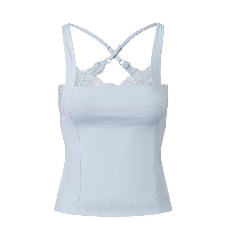 Vintage Y2K Lace Trim Halter Women Sleeveless Backless Camisole Slim Fit Crop Tank Top
