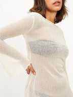 Seaside Sheer Beach Mini Dress With Ruffled Bell Sleeves Chic Vacation Cover Up Tunic