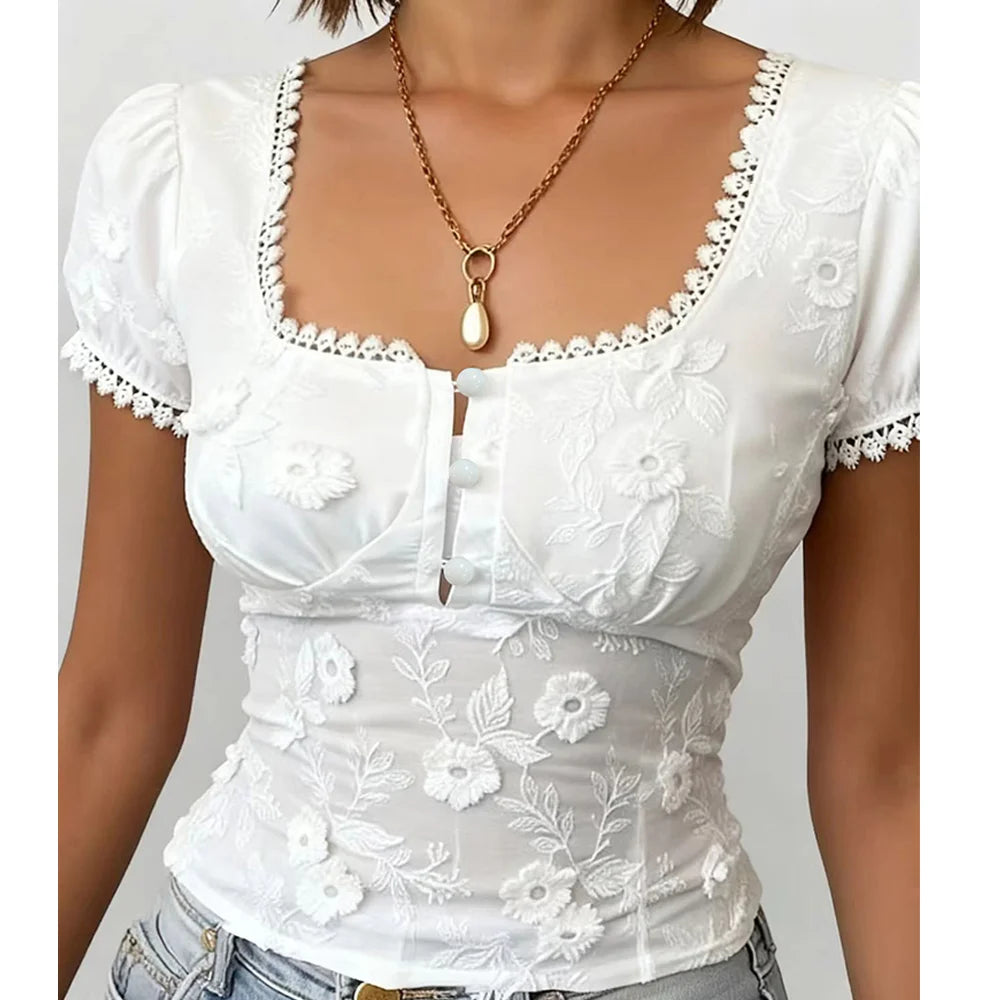 Romantic Lace Trim Hollow Out Top With Square Neck