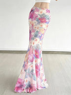 Bohemian Mesh Floral Maxi Skirt For Women Elegant High Waist