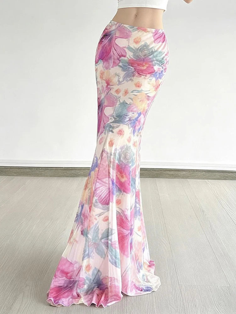 Bohemian Mesh Floral Maxi Skirt For Women Elegant High Waist