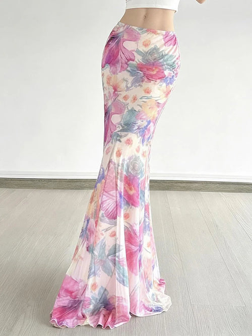 Bohemian Mesh Floral Maxi Skirt For Women Elegant High Waist