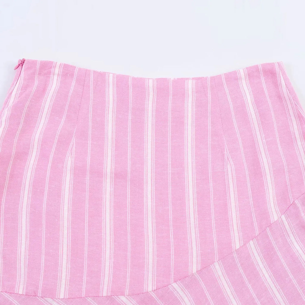 Pink Stripe Shirt Set With Pleated Long Skirt Elegant Two Piece Suit