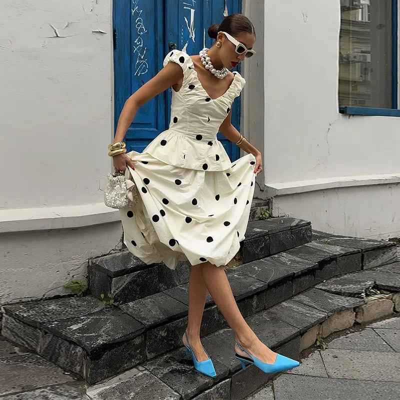 Fashion Women's Lady Suit Halter A-line Tops Bud Loose Skirt Polka Dot Set