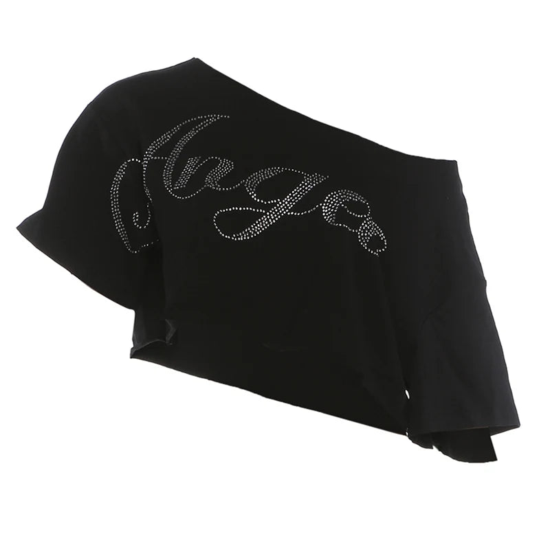 Shimmering Letter Rhinestone Tee Off Shoulder Top With Skew Collar