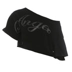 Shimmering Letter Rhinestone Tee Off Shoulder Top With Skew Collar