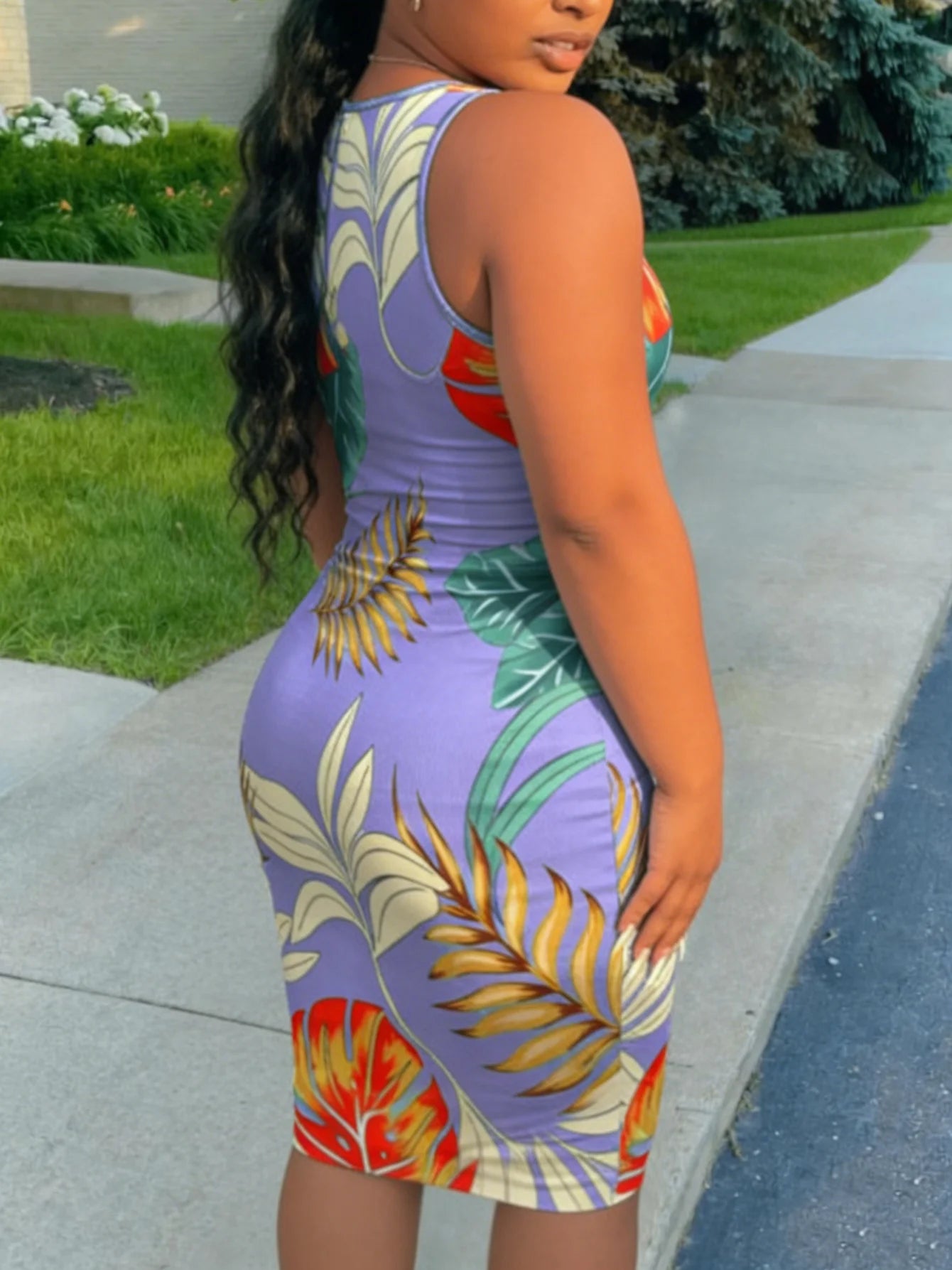 Plus Size Sleeveless Notched U Neck Tropical Print Bodycon Mini Dress