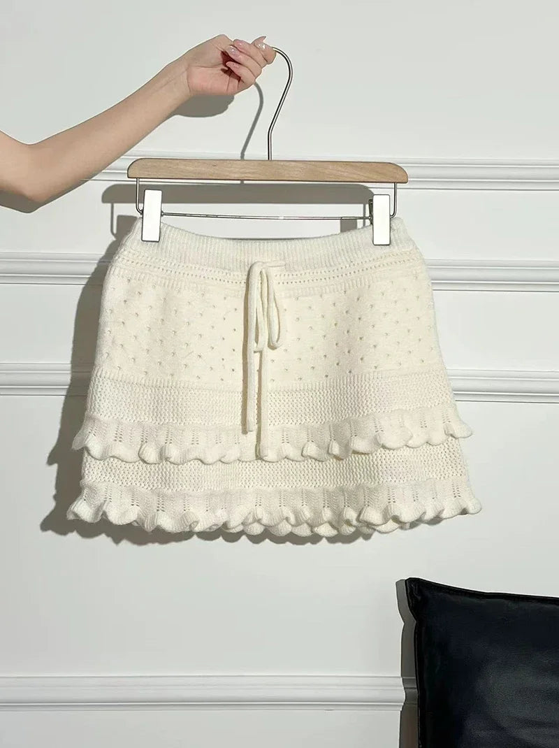 Patchwork Knit Mini Skirt With High Waist Ruffle And Hollow Out Details