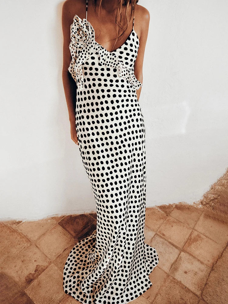 Backless Dot Print Floral Maxi With Spaghetti Straps