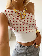 Polka Dot Off Shoulder Crop Top With Skew Collar And Ruched Backless