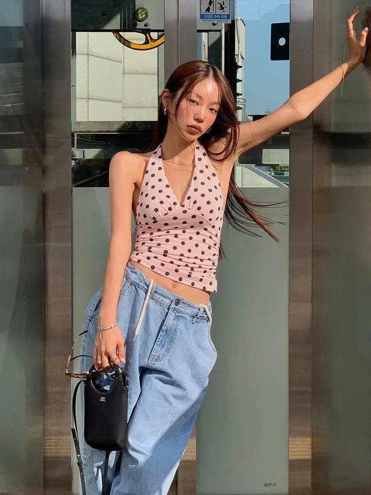 Polka Dot Halter Tank Top With Backless Lace Up Detail Chic Summer