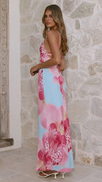 Sunlit Breeze Printed Strap Maxi Dress With V Neck Backless