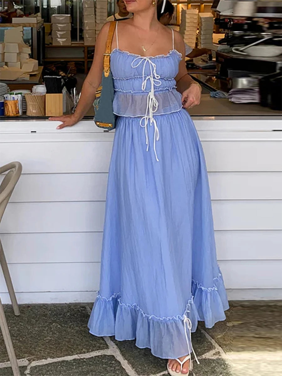 Patchwork Tie Up Camisole Set With Ruched Ruffle Maxi Skirt