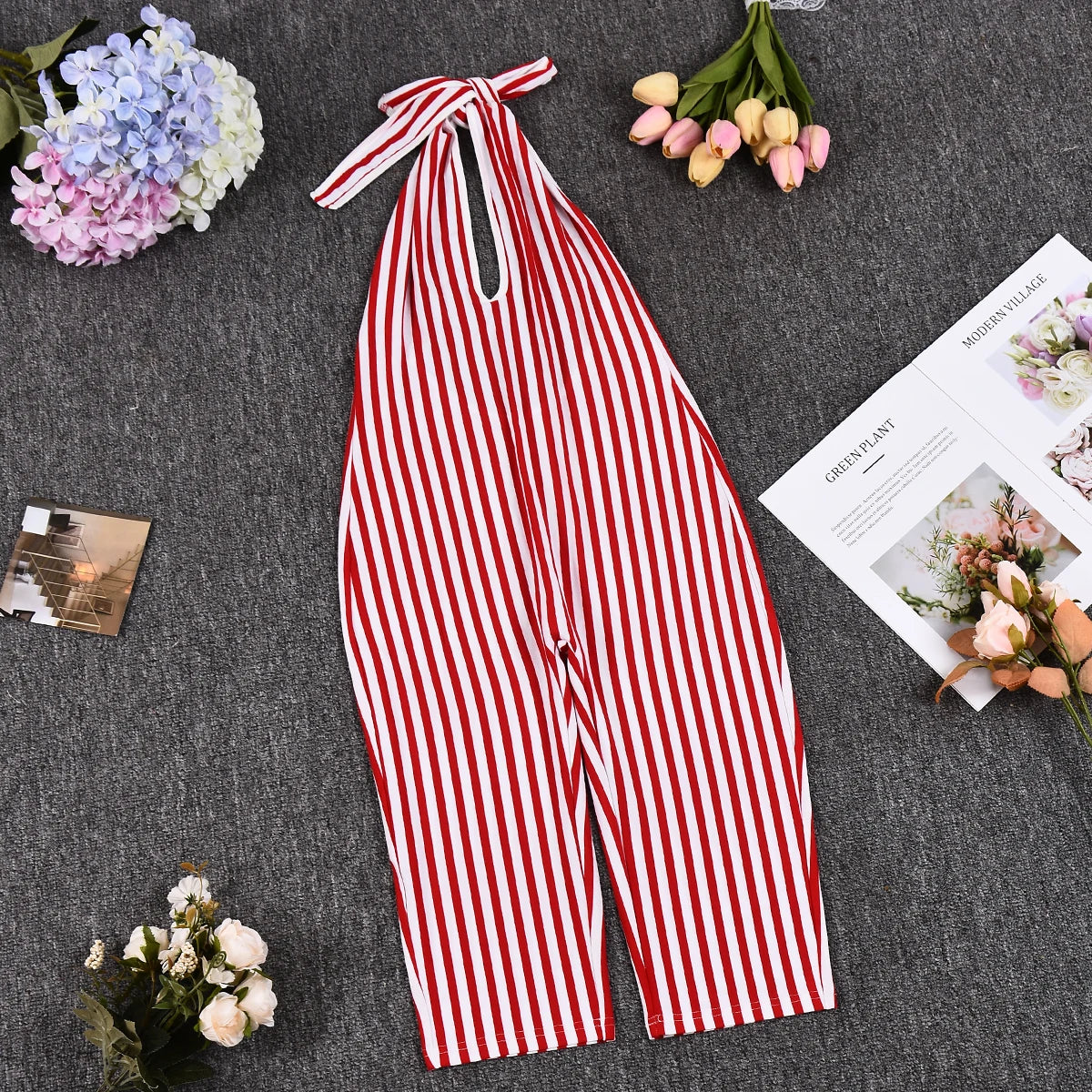 Red Striped Print Backless Halter Playsuit