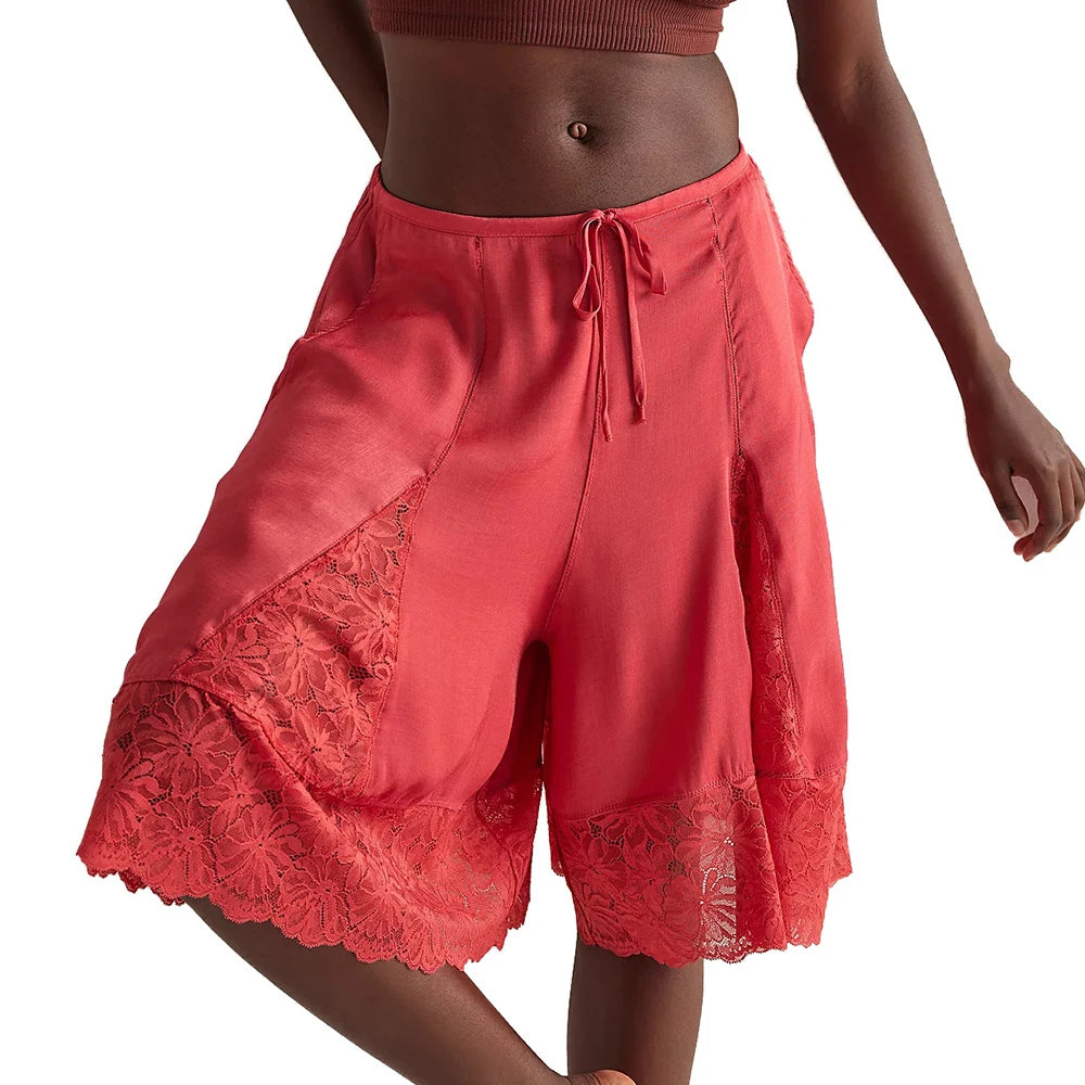Y2K Lace Floral Bloomers Midi Pants With Silk Satin Patchwork Ruffles