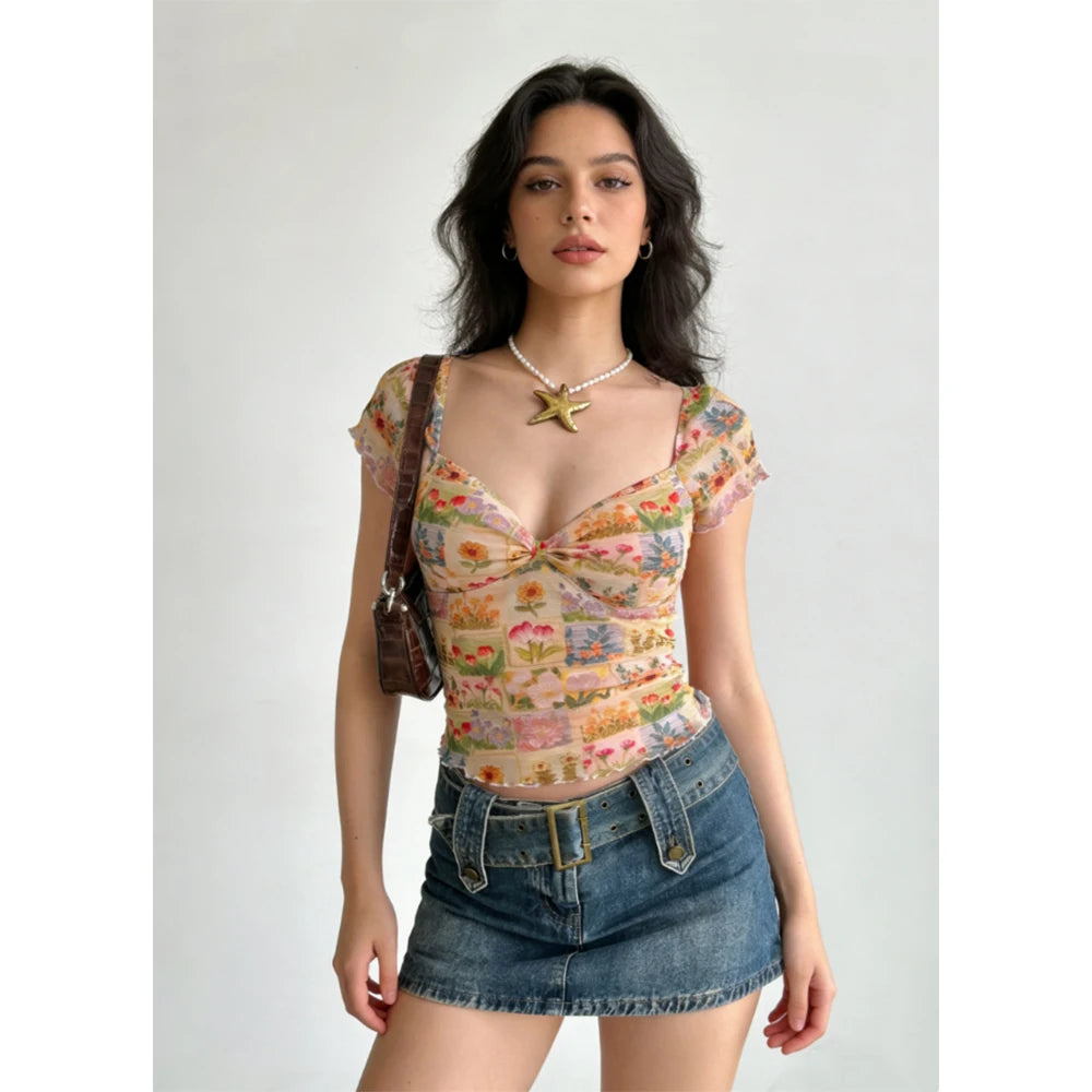 Yellow Floral Lace Mesh V Neck Tee Top