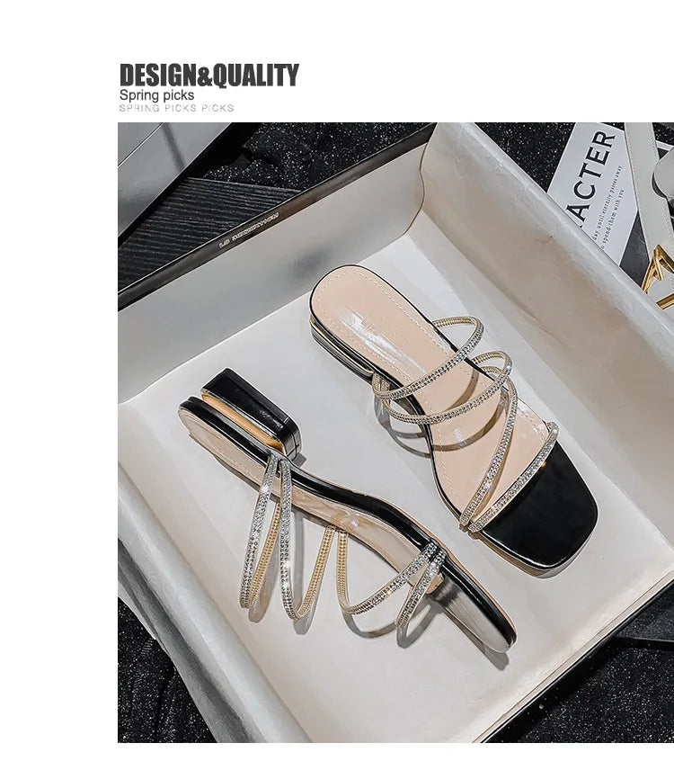 Crystal Rhinestone Clear Strap Sandals With Low Heel