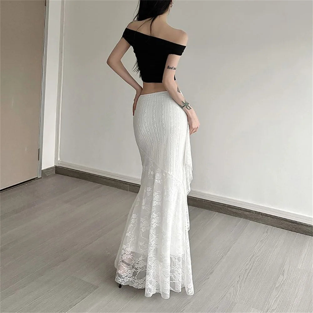 Patchwork Lace Pleated Skirt With High Waist Irregular Hem Cream Ruched Elegance