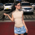 Turtleneck Crop Tank With Slit And Button Details
