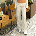 Striped Fold Over Lounge Pants For Women Wide Leg Flare Trousers Cozy Relaxed