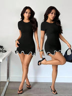 Round Neck Ruffle Mini Dress With Slim Fit Patchwork Texture