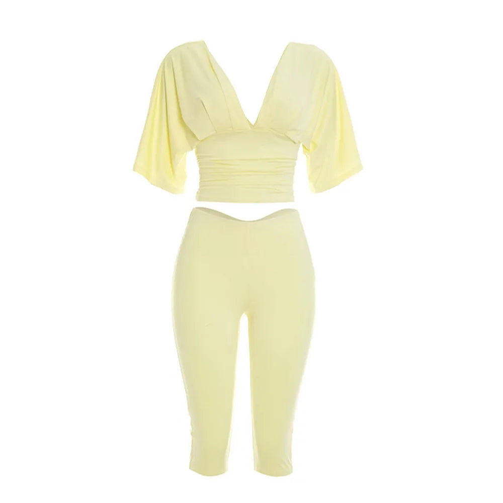 Two Piece Solid Color Set With Deep V Neck Ruched Crop Top And Capri Pants
