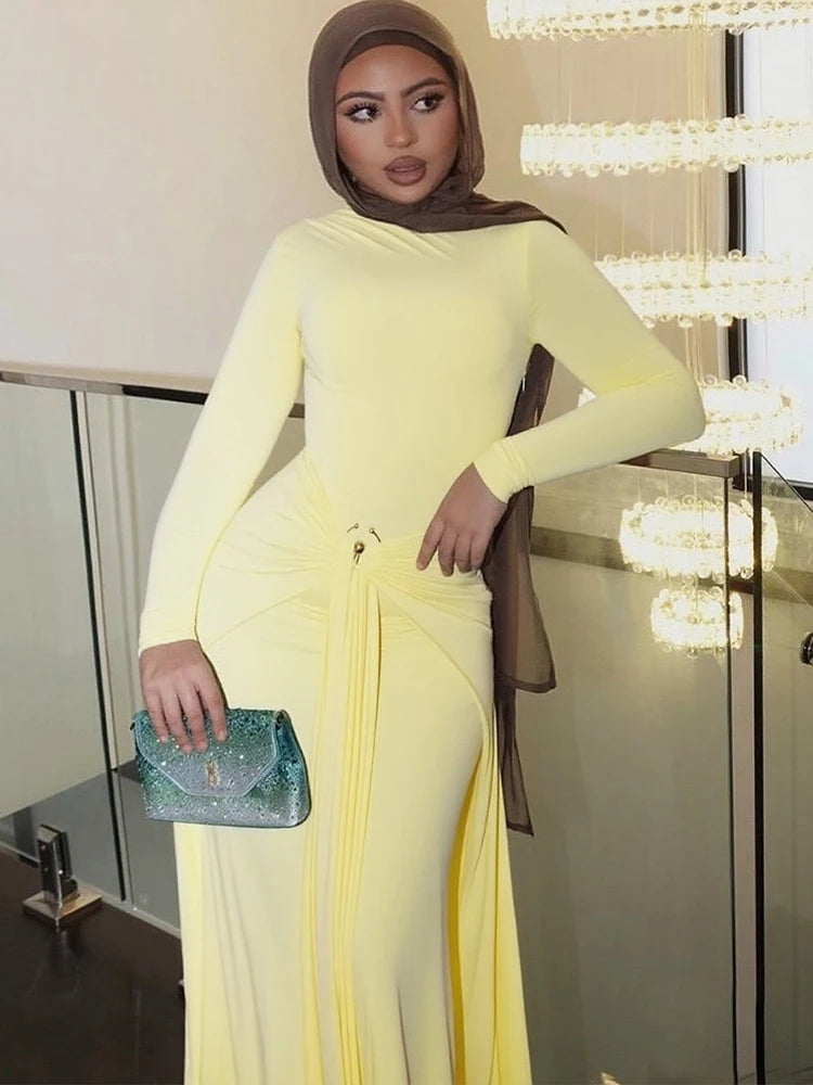 Ruched Maxi Dress For Women Chic Bodycon With Long Sleeves