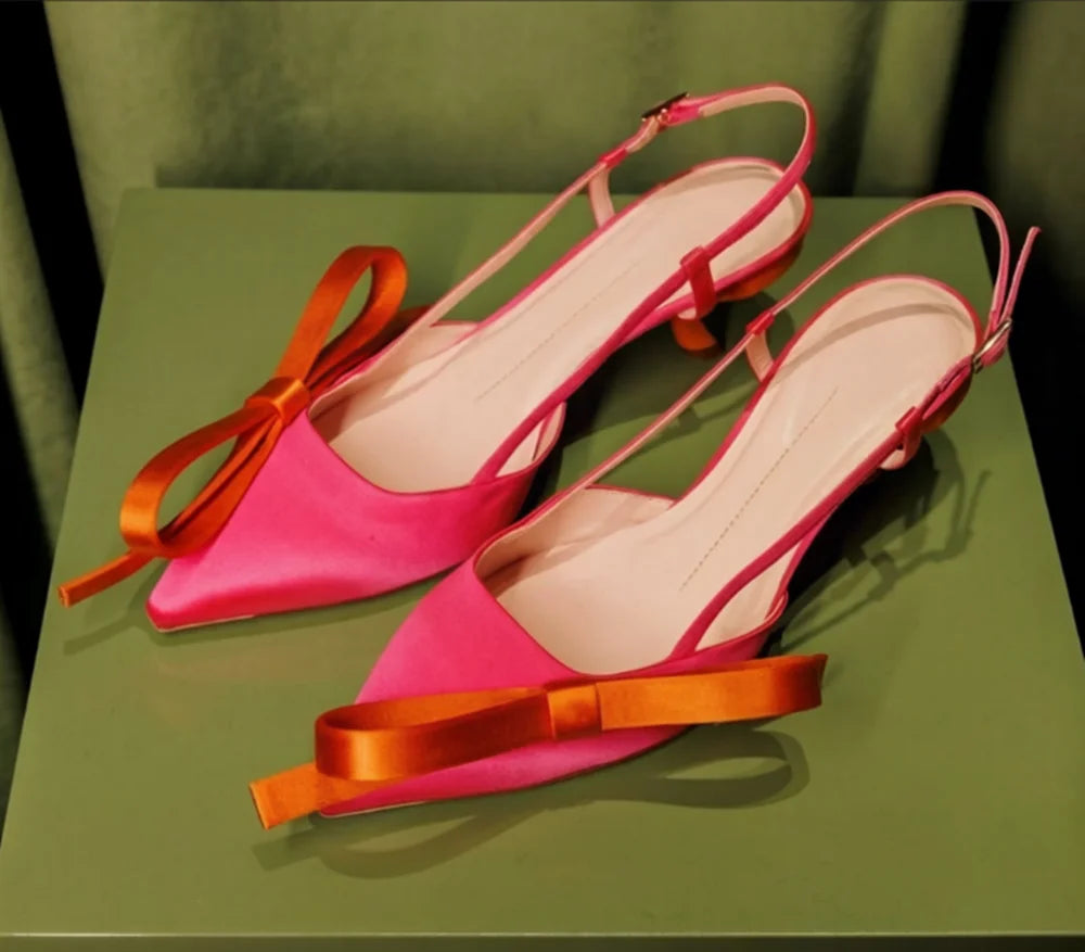 Elegant Satin Pointed Toe Slingback Kitten Heels With Bow Accent And Adjustable Ankle Strap Sandals