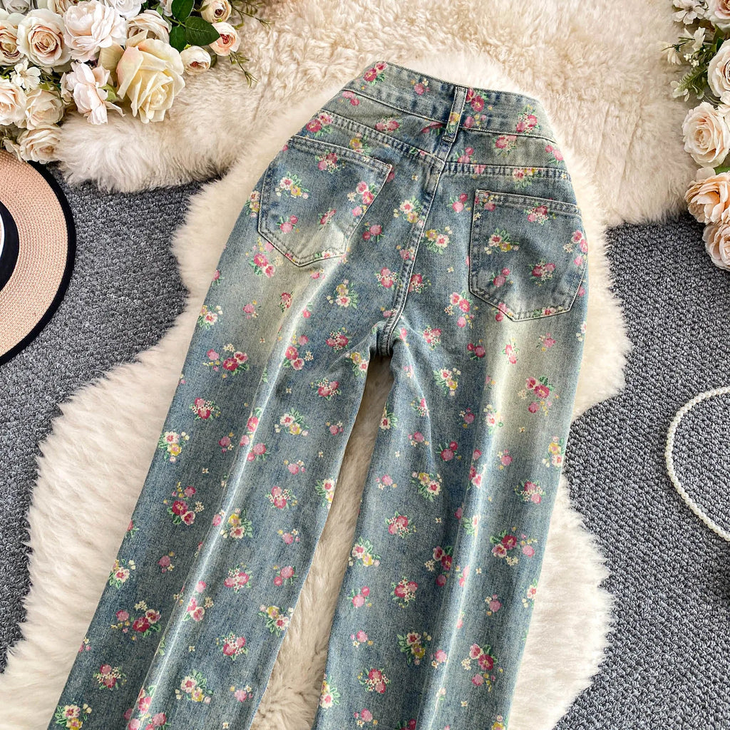 Floral Dream Denim Pants With Wide Leg Silhouette And High Waist