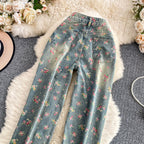 Floral Dream Denim Pants With Wide Leg Silhouette And High Waist