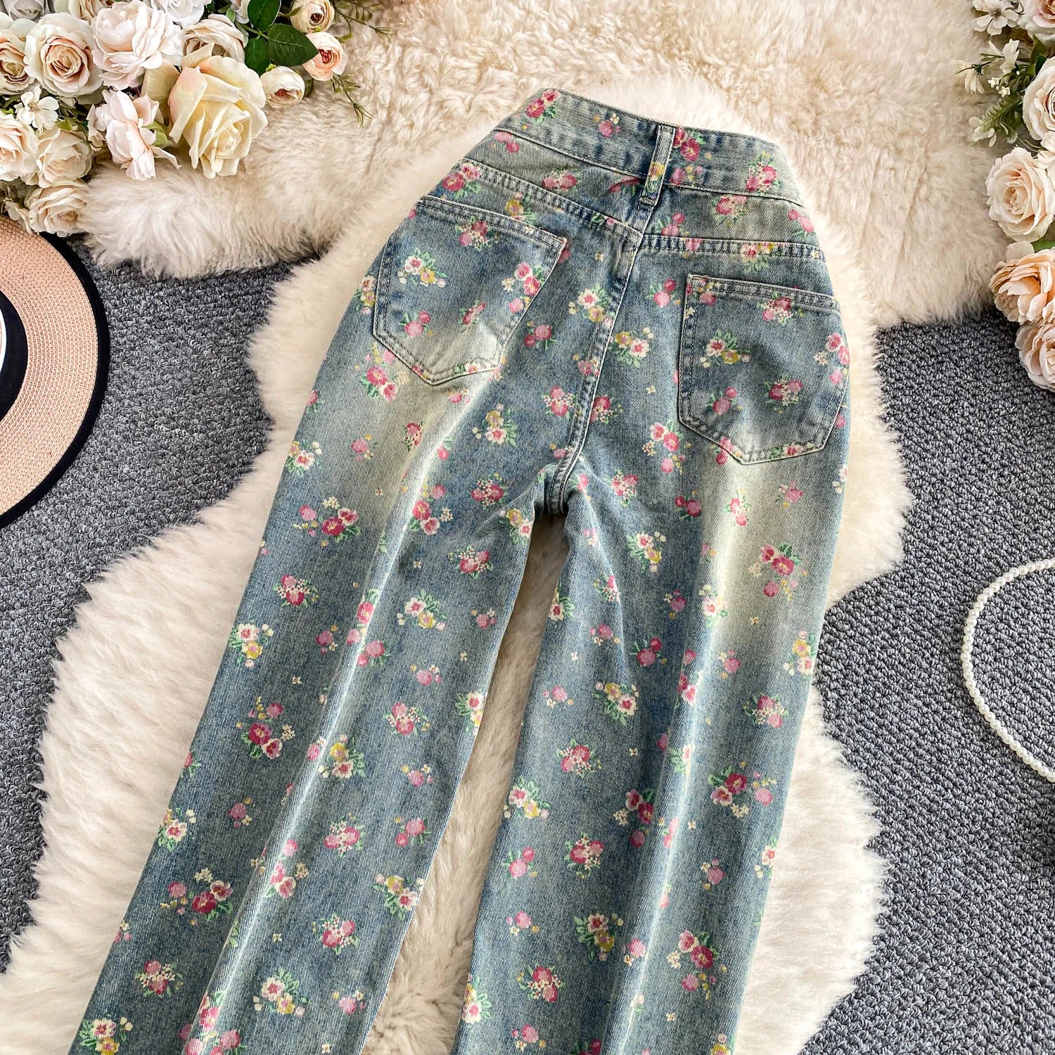 Floral Dream Denim Pants With Wide Leg Silhouette And High Waist
