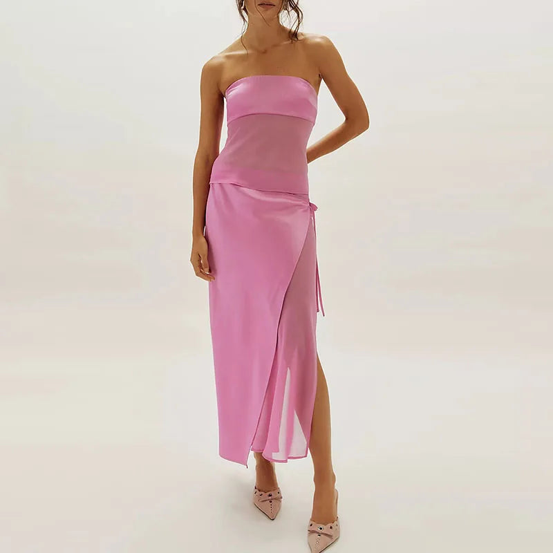Strapless Hollow Out Top And Long Skirt Two Piece Set