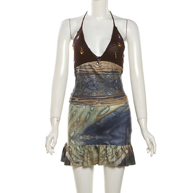 Sunlit Beach Crystal Knit Patchwork Halter Set With Lace Up Backless Top And Ruffle Printed Skirt