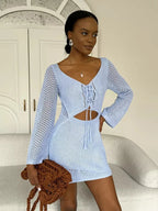 Knit Cutout Swim Cover Dress With V Neck And Lace Up Details Bell Sleeve