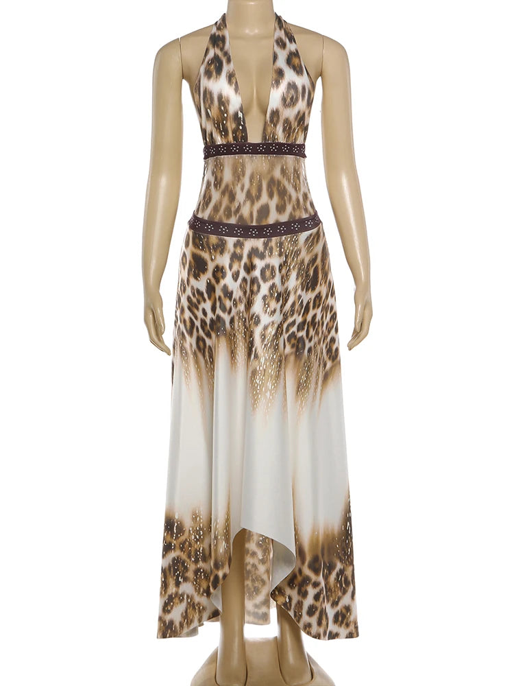 Leopard Print Halter Maxi Dress Backless Sleeveless