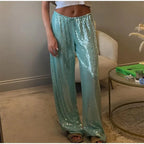 Sequined Solid Wide Leg Pants For Women With High Waist Loose Fit Trousers