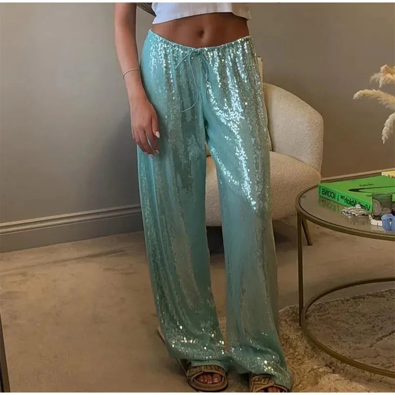 Sequined Solid Wide Leg Pants For Women With High Waist Loose Fit Trousers