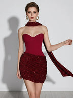 Sequin Patchwork Strapless Mini Dress Off Shoulder With Scarf Collar And Pleated Waist Cinch
