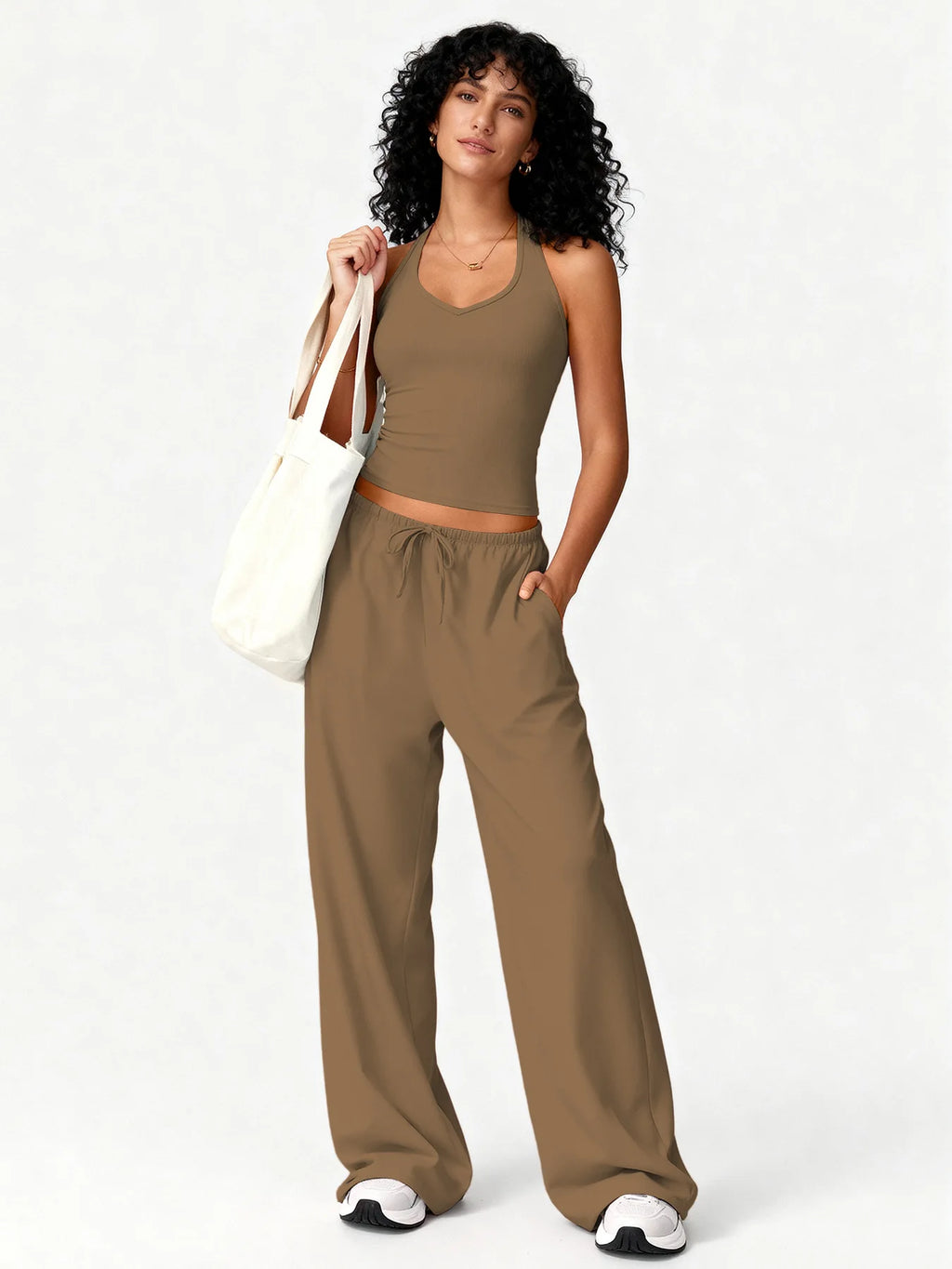 Two Piece Set With Sleek V Neck Tank Backless Detail And Wide Leg Pants